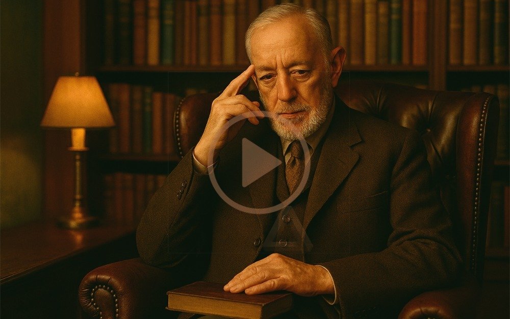 Sir Alec Guinness seated in a library.