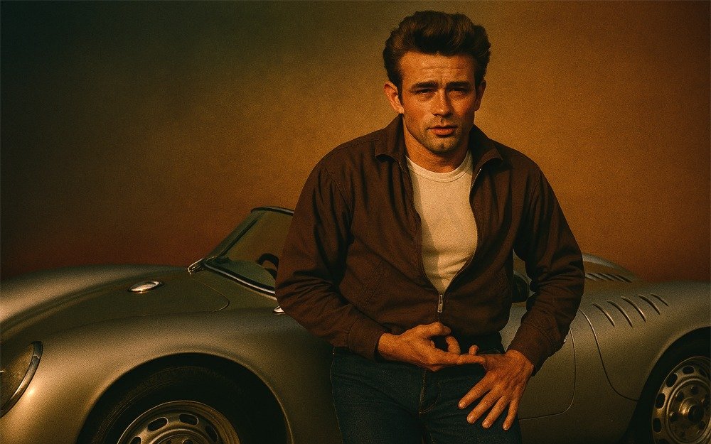 Janes Dean leaning on his Porsche.