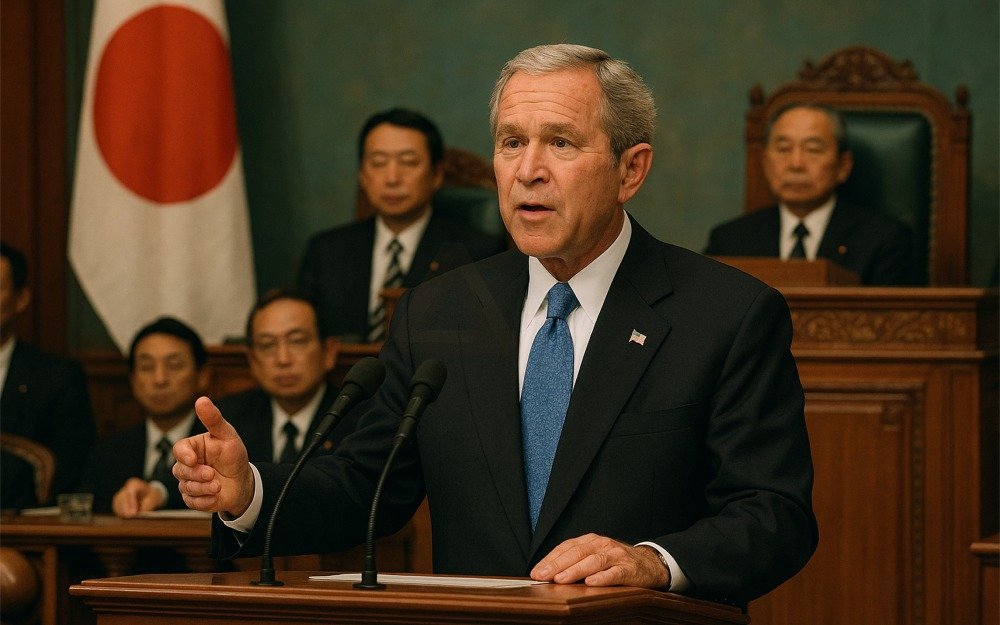 An image of George W Bush ddressing the Japanese Diet