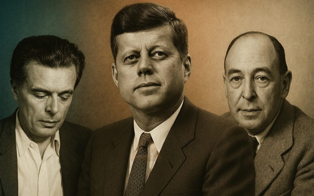 An stylised image of Alduous Huxley, John F. Kennedy, and C.S. Lewis with Kennedy in the foreground.