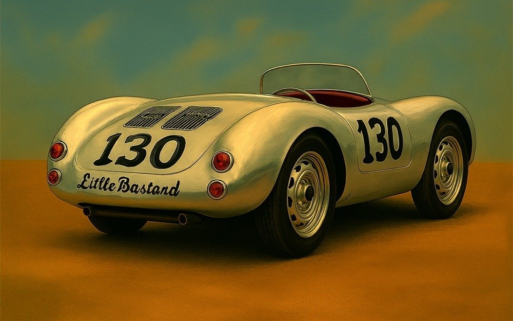 Featured Image: James Dean's Porsche 550 Spyder from behind with 'Little Bastard' painted below his racing number,130.