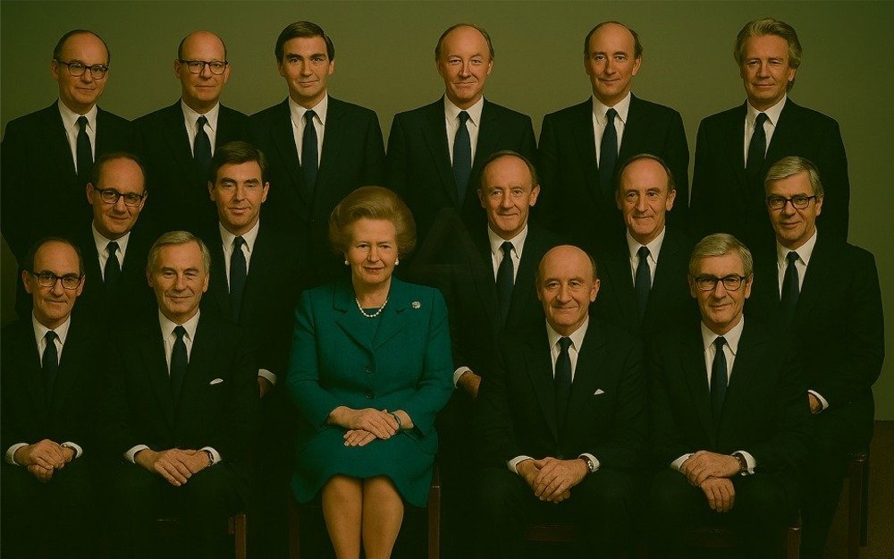 Margaret Thacher with her all-male cabinet circa 1987.