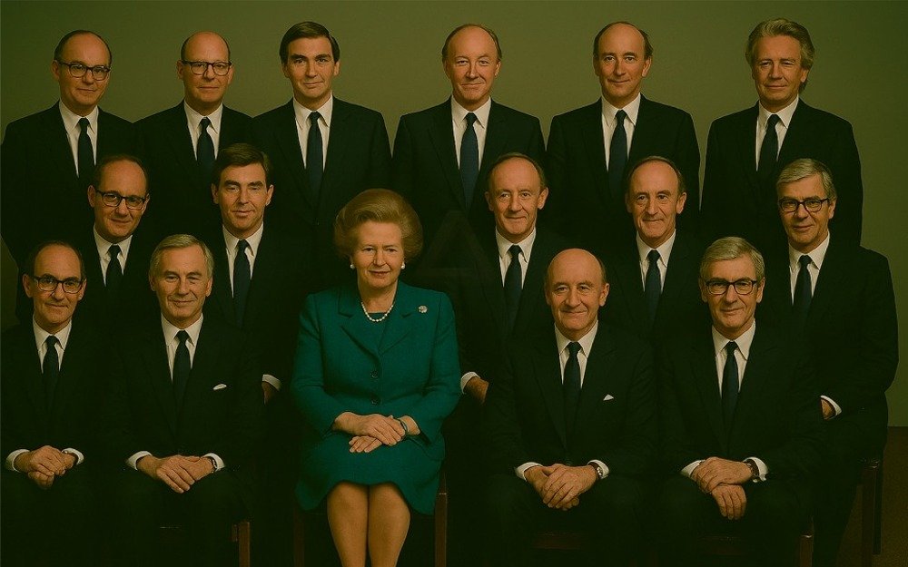 A stylised image of Margaret Thatcher seated at the centre of one of her all-male cabinets.