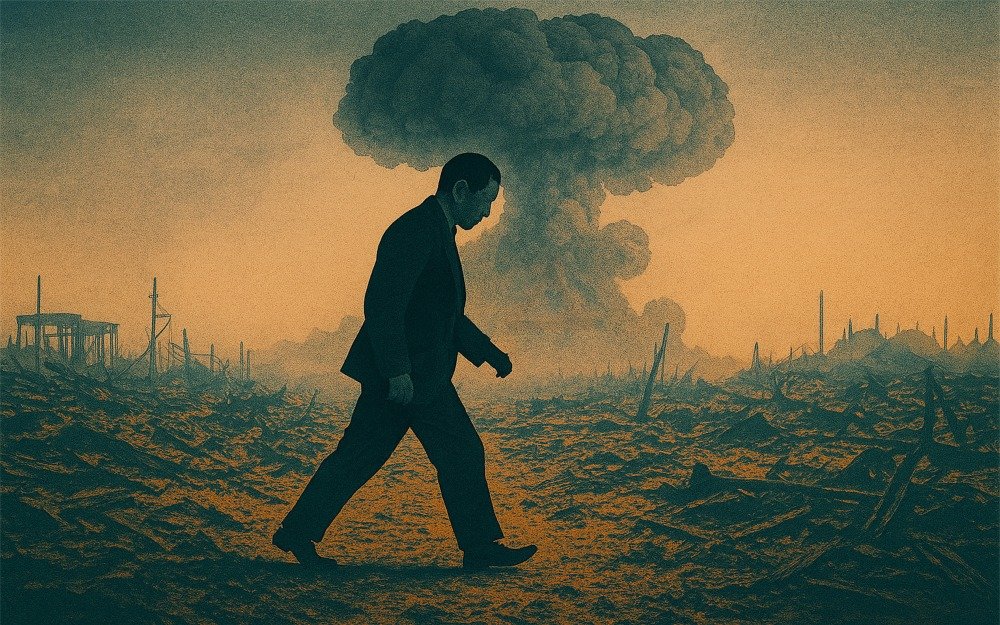 A stylised image of Tsutomu ‘Lucky’ Yamaguchi walking through atomic aftermath.