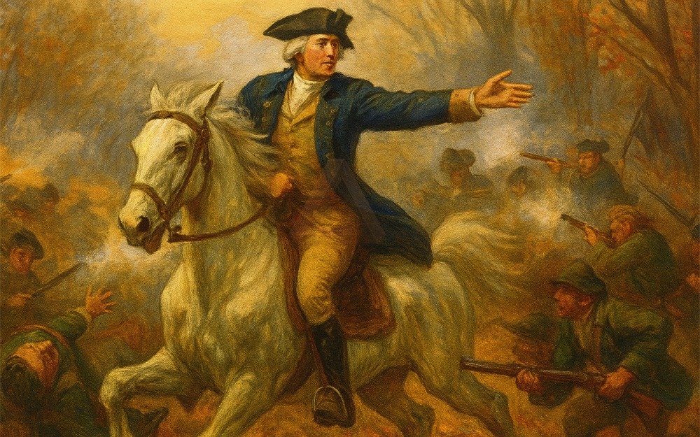Stylised depiction of Washington’s survivorship at Monongahela—mounted, composed, and unscathed amid musket fire and fallen troops in a warm, earthy landscape.