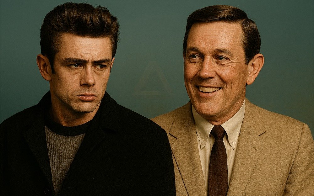 A stylised image of James Dean brooding and Jimmy Dean smiling.