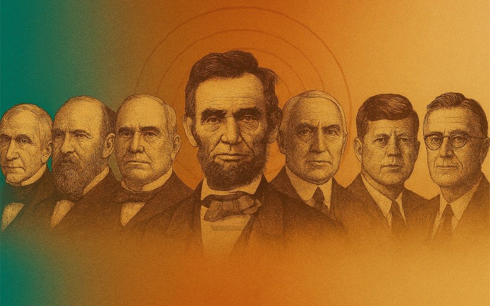 Vintage-style collage of seven U.S. presidents who died in office, with Lincoln at the center and Roosevelt wearing spectacles, set against a gradient background.