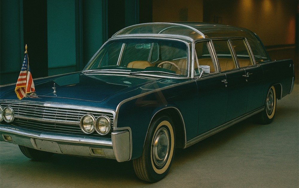 Photorealistic image of President John F. Kennedy’s 1961 Lincoln Continental limousine, known as SS-100-X, parked indoors with its transparent Plexiglas bubble top canopy installed. The car is dark blue with chrome trim, an American flag mounted on the left fender, and tan leather interior visible through the canopy.