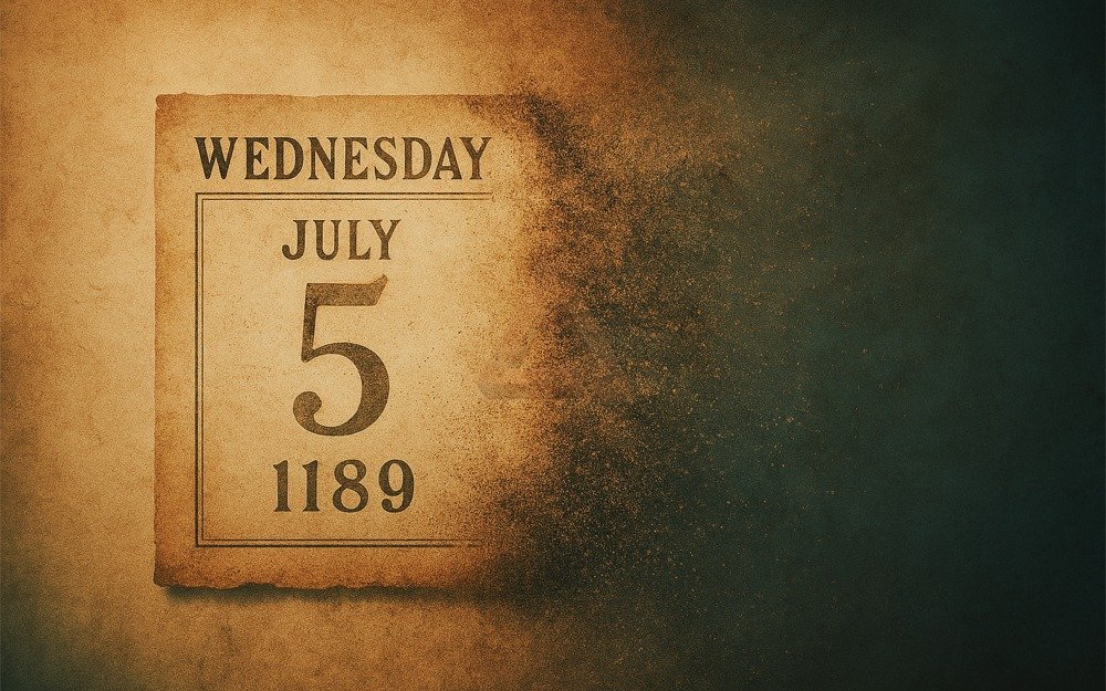 Aged parchment calendar page for July 5, 1189, dissolving into particles — symbolizing the legal erasure of time before memory began.