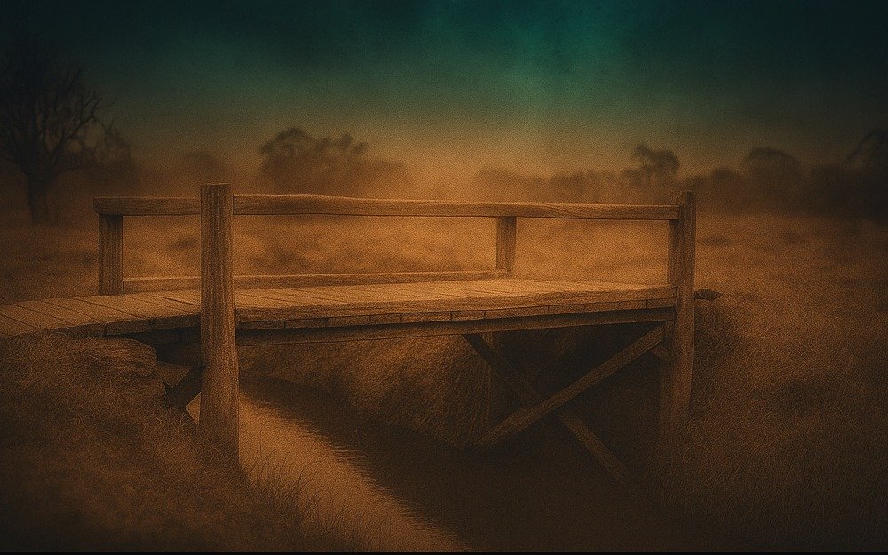 Twilight view of a timber bridge over the creek where Farley claimed to see Fisher’s ghost—now called Fisher’s Ghost Creek. (Stylised Image)