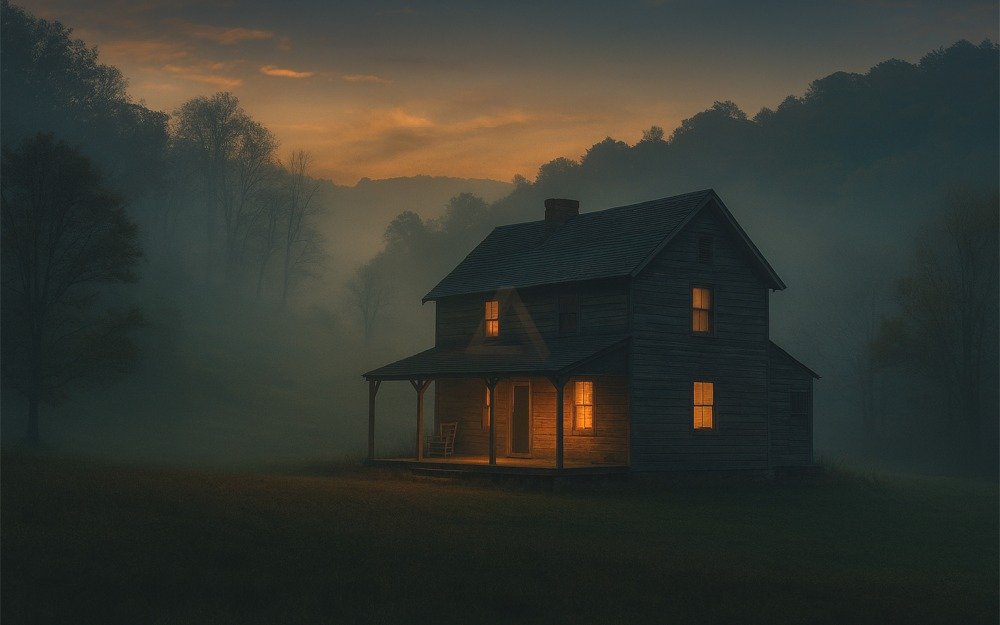 Rural West Virginia house illuminated at twilight, surrounded by mist and forested hills.