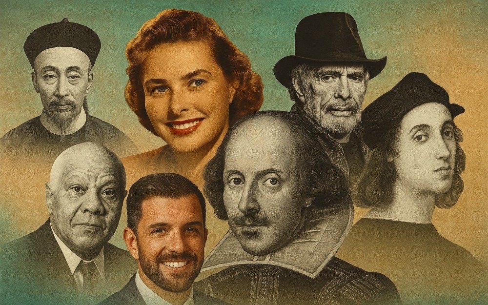 Portrait collage of Shakespeare, Ingrid Bergman, and other historical figures against a teal–parchment gradient.