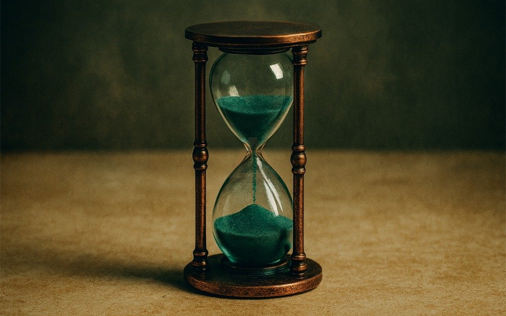 Vintage hourglass with teal sand on parchment background, framed for editorial use.