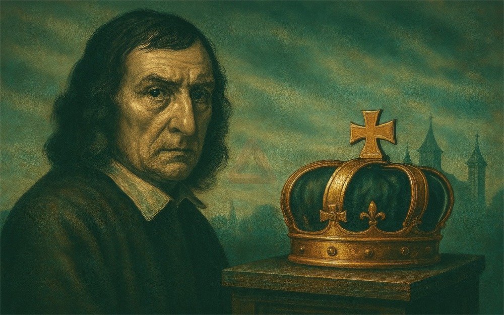 Stylised image of Colonel Blood beside a golden crown, with the Tower of London during Charles II’s era evoked in the mist.