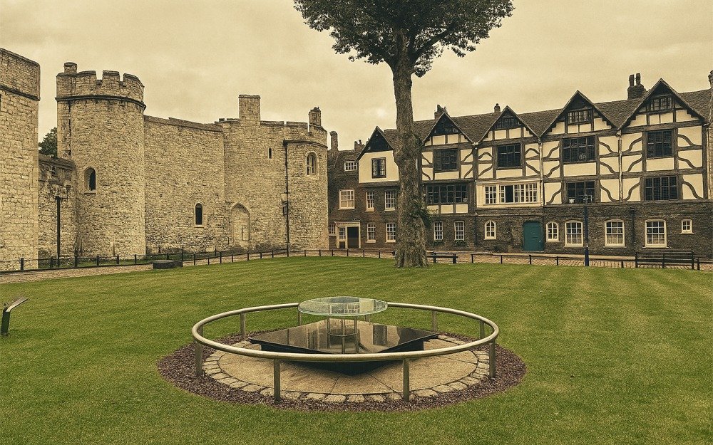 Scaffold site memorial at the Tower of London, framed by medieval and Tudor buildings.
