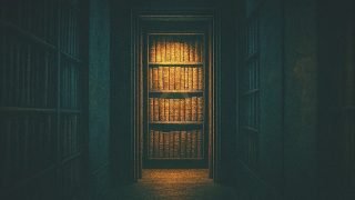 A dim corridor flanked by shadowed archive shelves leads to a warmly lit bookshelf at the far end, framed in teal and copper tones.