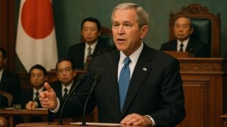 An image of George W Bush ddressing the Japanese Diet