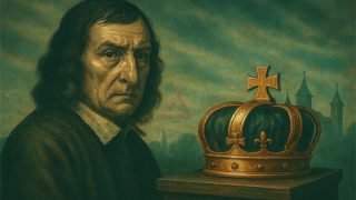 Stylised image of Colonel Blood beside a golden crown, with the Tower of London during Charles II’s era evoked in the mist.